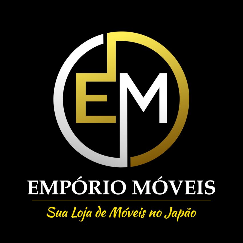 Logo Empório Móveis com iniciais EM em dourado e branco sobre fundo preto.
