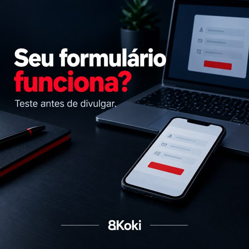 Arte ilustrativa com notebook e smartphone sobre mesa escura, com título sobre testes em formulário de orçamento.