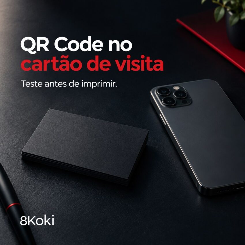 Composição ilustrativa com cartão de visita e smartphone, sobre cuidados antes de imprimir um QR Code.